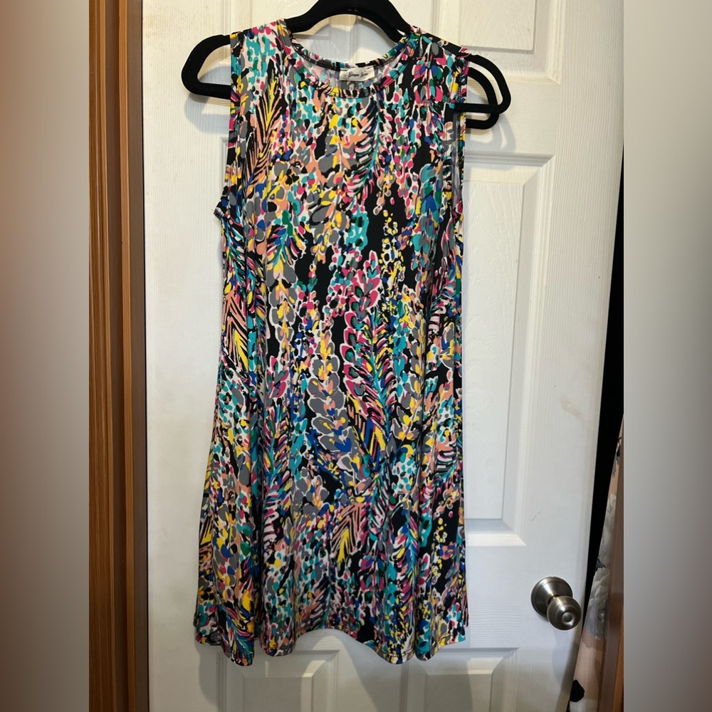 Jersey knit high neck swing dress with pockets